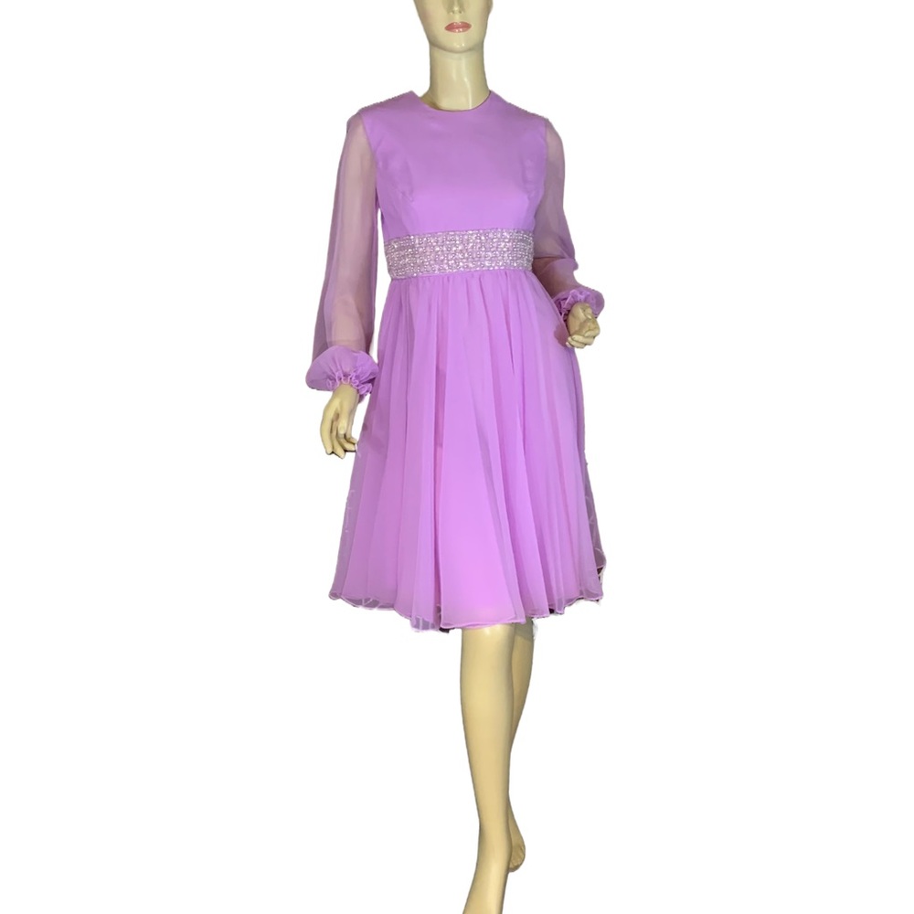 VINTAGE 1960'S JACK BRYAN BY DUPUIS ORCHID PURPLE CHIFFON BEADED COCKTAIL DRESS - Picture 8 of 14